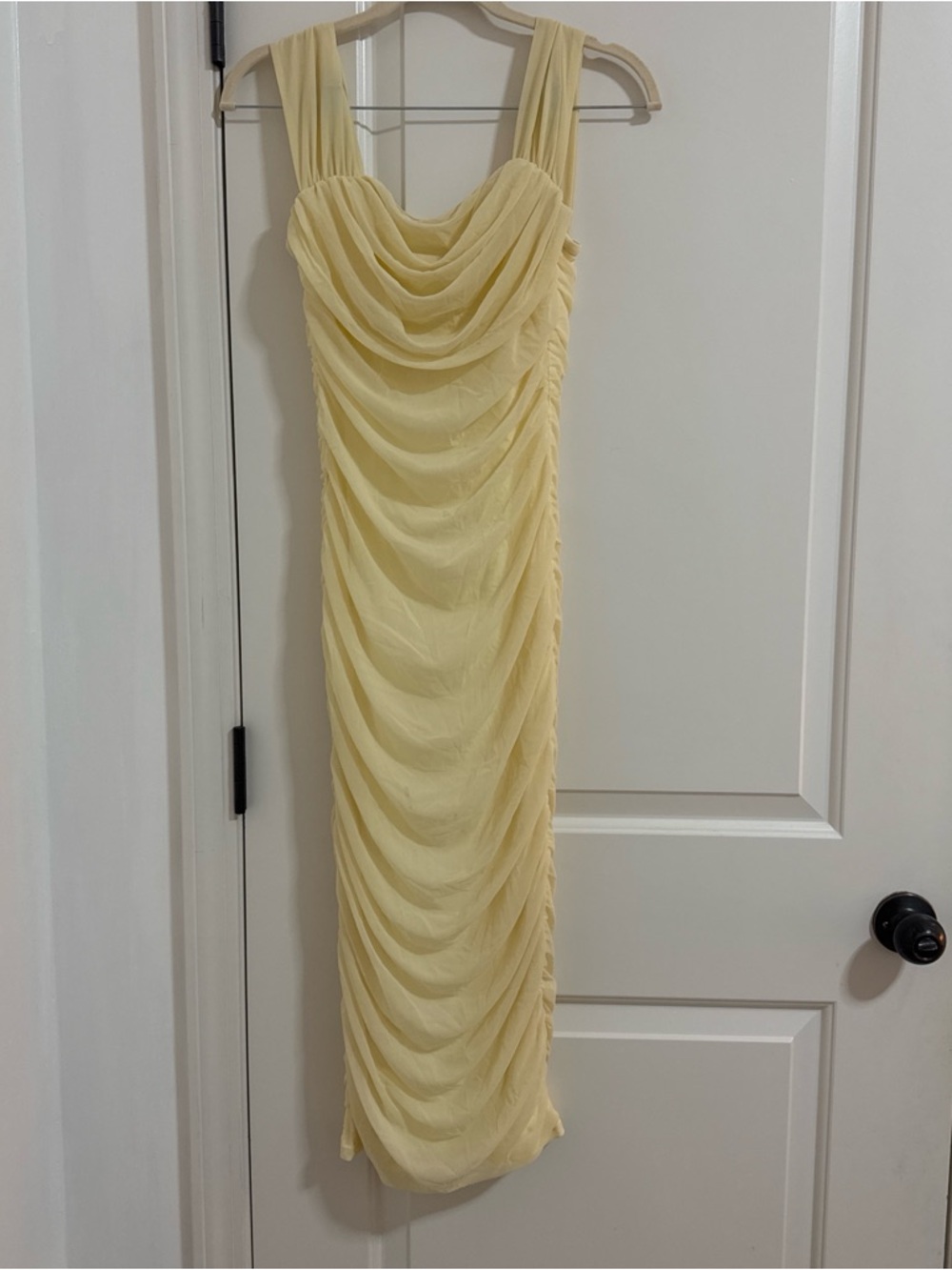 Sleeveless Pale Yellow Ruched Chiffon Midi Dress